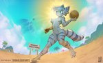 4_toes anthro ball biped breasts detailed_background eyebrows eyelashes feet female fingers fur genitals hair holding_object nipples outside piercing pussy ring_piercing solo tail text toes volleyball_(ball) conditional_dnp sugarlesspaints ratchet_and_clank sony_corporation sony_interactive_entertainment rivet_(ratchet_and_clank) lombax mammal 2025 artist_name digital_media_(artwork) hi_res