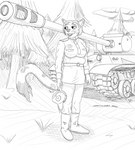 anthro clothing female is-2 is-2_(1944) military_uniform russian solo soviet_union tank_(vehicle) uniform vehicle world_war_2 panzerschreckleopard laya_chuganova felid mammal pantherine snow_leopard 2021 absurd_res hi_res monochrome