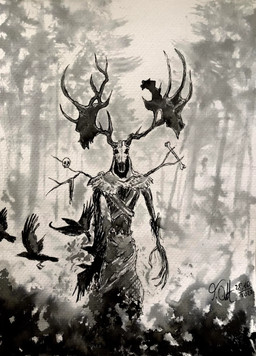 ambiguous_gender antlers bone bone_mask forest forest_background horn mask nature nature_background plant solo tree tobetobi the_witcher_3:_wild_hunt avian bird corvid corvus_(genus) crow humanoid leshen oscine passerine hi_res monochrome