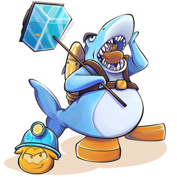 ambiguous_gender anthro aquarium blue_helmet duo eyewear feral fish_tank gold_puffle jet_pack male miner_helmet shark_costume simple_background sunglasses text vivarium white_background letlab0611 club_penguin avian bird penguin puffle 1:1 artist_name hi_res