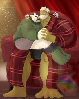 barazoku black_body black_fur brown_hair chest_tuft cuddling fur green_body hair hairy hand_holding holidays hug love male markings multicolored_body multicolored_fur muscular nipples plushie sitting_on_another spots spotted_body spotted_fur tuft white_body white_fur beartheran christmas azure_(pupblueslut) torug_(pupblueslut) bear giant_panda mammal orc 2025 hi_res
