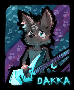 abstract_background anthro bass_guitar black_body black_fur blue_eyes blush ear_piercing ear_ring fangs fur guitar head_tuft looking_at_viewer male musical_instrument piercing plucked_string_instrument ring_piercing smile solo string_instrument teeth tuft young young_anthro young_male dakkawoof dakka canid canine canis mammal wolf 2020 absurd_res character_badge_(artwork) hi_res