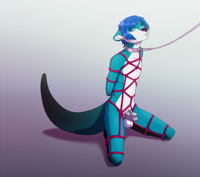 anthro balls bdsm bondage bound chastity_cage chastity_device collar fur genitals lock male multicolored_body multicolored_fur padlock punishment restraints rope rope_bondage rope_harness slave solo white_balls kamikay mokata mammal mustelid otter hi_res