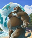 anthro armpit_hair beach belly body_hair brown_body brown_fur bulge clothing detailed_background eyes_closed fur genitals humanoid_genitalia humanoid_hands humanoid_penis kemono male moobs nipples outside overweight overweight_male penis seaside solo swimwear water wet dendoro mammal suid suine sus_(pig) wild_boar 2021 absurd_res hi_res