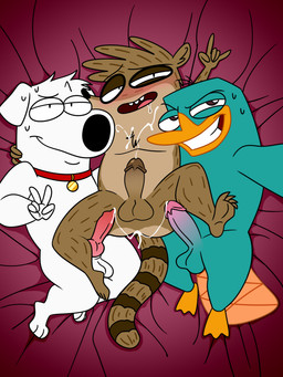 3_toes 5_fingers after_sex after_threesome animal_genitalia animal_penis anthro balls beak bodily_fluids brown_balls brown_body brown_fur brown_glans brown_penis canine_genitalia canine_penis collar cum cum_on_penis cum_on_self cum_string darkened_genitalia darkened_glans feet fingers fur genital_fluids genitals gesture glans group hand_gesture humanoid_genitalia humanoid_penis lying male male/male nude nude_anthro nude_male on_back orange_beak penis pink_glans pink_penis teal_balls teal_body toes trio v_sign white_balls white_body white_fur platislut rocky_rakoon cartoon_network disney family_guy phineas_and_ferb regular_show brian_griffin perry_the_platypus rigby_(regular_show) canid canine canis domestic_dog mammal monotreme platypus procyonid raccoon 3:4 absurd_res crossover hi_res