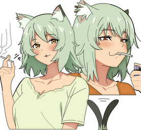 :3 animal_ears blush blush_lines breasts cat_tail cigarette cigarette_in_mouth dipstick_tail duo ear_piercing female female_humanoid grey_hair hair holding_cigarette holding_object inner_ear_fluff lighter markings medium_breasts messy_hair narrowed_eyes object_in_mouth open_mouth open_smile piercing short_hair smile smoking smoking_cigarette tail tail_markings tail_motion tailwag tuft yellow_eyes sakura_1110ssmm chainsmoker_cat yaniko_satou_(chainsmoker_cat) animal_humanoid felid felid_humanoid feline feline_humanoid humanoid mammal mammal_humanoid 2026 digital_drawing_(artwork) digital_media_(artwork)