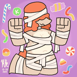 anthro belly big_hands big_legs breasts candy choker clothed clothing dessert food gynomorph hair holidays intersex jagged_mouth jewelry kneeling kneeling_on_ground medium_breasts midriff multicolored_body mummy_costume mummy_wrappings navel necklace orange_hair orange_tail orange_tentacles overweight overweight_anthro overweight_gynomorph overweight_intersex skimpy solo tail tan_body tentacles thick_thighs two_tone_body kelly_kilbride halloween naudia_(kelly_kilbride) cephalopod marine mollusk nautilus 1:1 aliasing digital_media_(artwork) nonbinary_(lore)