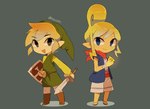 blonde_hair clothing duo female hair humanoid_pointy_ears light_body light_skin looking_at_viewer male melee_weapon not_furry open_mouth open_smile pointy_ears shield shirt simple_background smile sword topwear triforce tunic weapon tokuura nintendo the_legend_of_zelda wind_waker pirate_leader_tetra toon_link humanoid hylian signature