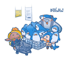 anthro blonde_hair chibi dark_body dark_skin female grey_body group hair hug male plushie shopping shopping_cart speckled_body trio m_mchz ikea nintendo splatoon big_man_(splatoon) blahaj deep_cut_(splatoon) frye_(splatoon) shiver_(splatoon) animal_humanoid aquatic aquatic_humanoid cephalopod cephalopod_humanoid fish humanoid inkling manta_ray mollusk mollusk_humanoid octarian octoling ray_(fish) shark stingray