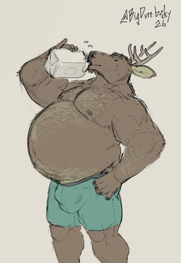 anthro antlers arm_hair barazoku belly belly_hair big_belly big_bulge bloated body_hair briefs brown_body brown_fur bulge chest_hair clothing drinking fur happy_trail horn leg_hair male mature_male musclegut muscular muscular_male nipples overweight overweight_male pecs underwear pacific_coyote deer mammal hi_res