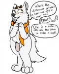 anthro balls clothing flaccid fluffy freckles fur genitals horn humor joke male nude orange_eyes penis scarf simple_background smile solo text white_body white_fur trout_(artist) guffin arctic_fox canid canine deer fox hybrid mammal true_fox 2016 4:5 aliasing digital_media_(artwork) english_text