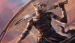 anthro armor buckle clothed clothing female melee_weapon solo sword weapon magali_villeneuve hasbro magic:_the_gathering wizards_of_the_coast mirri_cat_warrior catfolk domestic_cat felid feline felis leonin mammal hi_res