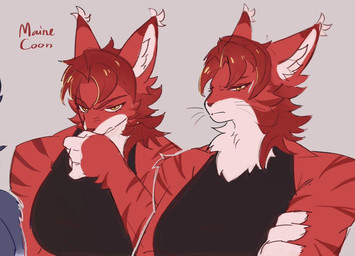 anthro big_breasts breasts claws clothed clothing crossed_arms ear_tuft eyelashes female frown fur grey_background hair inner_ear_fluff looking_at_viewer multicolored_body multicolored_fur narrowed_eyes neck_tuft red_body red_fur red_hair shirt simple_background solo spiky_hair text topwear tuft two_tone_body two_tone_fur whiskers white_body white_fur yellow_eyes chubberwocky domestic_cat felid feline felis maine_coon mammal 2025 bust_portrait digital_drawing_(artwork) digital_media_(artwork) hi_res model_sheet portrait species_name