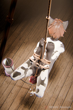 5_fingers 5_toes anthro bdsm bodily_fluids bondage bound bovid_horn bovine_horn brown_hair clothing cock_and_ball_torture colored_fingernails colored_nails colored_toenails cow_horn cow_suit cum facing_away_from_viewer feet fingernails fingers floor forced genital_fluids genital_torture hair high-angle_view horn humanoid_feet legwear machine male milking_cum milking_machine nails orgasm penile penis_milking plantigrade restraints rope rope_bondage slave solo spotlight suspension suspension_bondage toenails toes wood wood_floor monarquis romy_(monarquis) domestic_cat felid feline felis mammal 2:3 3d_(artwork) absurd_res digital_media_(artwork) hi_res widescreen
