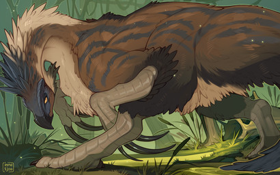 ambiguous_gender black_body black_claws black_fur brown_body brown_fur claws feral fur looking_at_viewer solo swamp inno-sjoa larynkir dinosaur furred_dinosaur prehistoric_species reptile scalie therizinosaurid therizinosaurus theropod hi_res