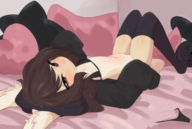 anthro beanie bed bedroom_eyes bikini bikini_top black_beanie black_bikini black_bikini_top black_clothing black_hat black_headwear black_jacket black_legwear black_swimwear black_thigh_highs black_thong black_topwear black_underwear blush blush_lines blushing_at_viewer bottomless bottomless_anthro bottomless_female brown_eyebrows brown_eyes brown_hair closed_smile clothed clothed_anthro clothed_female clothing countershade_fur countershade_tail countershade_torso countershading discarded_clothing discarded_underwear ear_piercing eyebrow_through_hair eyebrows eyelashes female flat_chested fur furniture hair hat headgear headwear heart_pillow inner_ear_fluff iris jacket legwear loli looking_at_viewer lying lying_on_bed medium_hair monotone_bikini monotone_clothing monotone_hair monotone_hat monotone_headwear monotone_jacket monotone_legwear monotone_swimwear monotone_thigh_highs monotone_thong monotone_topwear monotone_underwear mouth_closed narrowed_eyes navel on_back on_bed open_clothing open_jacket open_topwear oversized_clothing oversized_jacket oversized_topwear piercing pillow pink_nose plantigrade pose pupils scut_tail seductive short_muzzle short_tail side_view sleeves_past_wrists slim slim_anthro slim_female smile smiling_at_viewer solo star_pillow stockings string_bikini swimwear tail tan_body tan_fur thigh_highs thong topwear translucent translucent_hair tuft two-piece_swimsuit underwear white_body white_countershading white_fur white_inner_ear white_inner_ear_fluff white_sclera white_tuft young young_anthro young_female aoizuri bunnybits_(character) maya_(bunnybits) lagomorph leporid mammal rabbit english_description full-length_portrait pinup portrait shaded