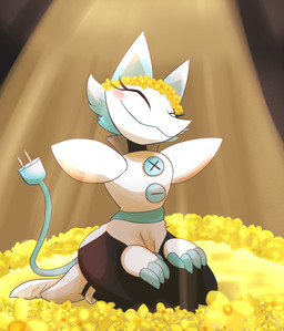 anthro blue_hair blush blush_stickers daww eyelashes eyes_closed female floral flower flower_crown flower_garland garland hair happy kneeling light machine plant relaxing sitting smile solo sunlight thick_thighs wide_hips unkn0wnlifef0rm deltarune undertale_(series) tasque_manager android domestic_cat felid feline felis mammal robot absurd_res hi_res