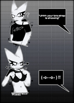 anthro black_clothing black_shirt black_topwear bra breasts clothed clothed_anthro clothed_female clothing dialogue female flashing flashing_breasts freckles fur gradient_background heart_symbol logo_on_shirt looking_offscreen question_mark seductive shirt side_eye simple_background small_breasts smug_face solo sparkles speech_bubble star text topwear trend underwear white_body white_fur ghost510 bra_strap_showing_(meme) token_(femtanyl) felid feline mammal absurd_res artist_name black_and_white hi_res meme monochrome