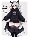 anthro black_clothing black_hoodie black_topwear blush breasts clothing collar female fur furry_tail grey_hair hair hoodie legwear long_hair looking_at_viewer medium_breasts red_eyes simple_background solo tail text thigh_highs topwear white_body white_fur strawbwymilk hazbin_hotel helluva_boss mythology loona_(helluva_boss) canid canid_demon canine demon hellhound mammal mythological_canine mythological_creature english_text hi_res