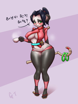 5_fingers 5_toes accessory aged_up anthro backpack belt big_breasts black_body black_fur black_hair black_nose blue_belt blush bodily_fluids bottomwear breasts clothed clothing container countershade_face countershade_torso countershading cup dialogue feet female fingers footwear fur hair hair_accessory hair_ring hand_wraps holding_container holding_cup holding_object leg_wraps looking_at_viewer miniskirt navel nervous nervous_smile nipple_outline open_clothing open_shirt open_topwear pigeon_toed pink_bottomwear pink_clothing pink_shirt pink_skirt pink_topwear ponytail pouch_(clothing) purple_background ring sandals scroll shirt shoes simple_background skirt solo staff steam sweat text thick_thighs tight_clothing toes topwear under_boob wide_hips wraps gotwin blizzard_entertainment warcraft li_li_stormstout bear mammal pandaren 2017 3:4 colored digital_drawing_(artwork) digital_media_(artwork) hi_res korean_text signature