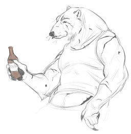 anthro bottle cheek_tuft claws clothed clothing container facial_tuft finger_claws holding_bottle holding_container holding_object male male_anthro mouth_closed narrowed_eyes navel simple_background solo topwear tuft justkiddinb bear mammal half-length_portrait portrait spot_color