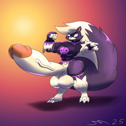anthro balls big_balls big_penis bodysuit clothing fur genitals huge_balls huge_penis hyper hyper_balls hyper_genitalia hyper_penis male male_anatomy male_anthro penis purple_body purple_fur skinsuit skintight_suit tan_body tan_fur tight_clothing dirtymac nintendo pokemon generation_4_pokemon mammal mephitid pokemon_(species) skunk skuntank 1:1 absurd_res hi_res