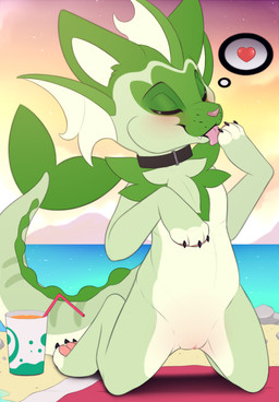 3_toes beach beach_towel beverage black_claws black_collar claws clitoris collar collar_only day drinking_straw eyes_closed fangs feet female female_feral feral fin front_view genitals green_body green_ears green_tail kneeling licking nude nude_female outside pawpads pink_nose pink_pawpads pink_tongue rock sand sea seaside self_lick sky snout solo star starry_sky tail teeth toe_claws toes tongue tongue_out towel vulva water meraence nintendo pokemon fan_character nori_(sylve0n) eeveelution generation_1_pokemon generation_9_pokemon hybrid pokemon_(species) sprigatito vaporeon 2022 digital_media_(artwork) hi_res