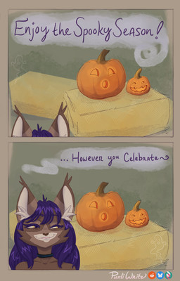 anthro brown_body brown_fur collar female fire_hazard food fruit fur hair hay hay_bale holidays jack-o'-lantern mischievous_smile plant pumpkin purple_hair solo text yellow_eyes purliwhite halloween purli canid canine canis domestic_cat felid feline felis ghost hybrid mammal spirit wolf comic english_text hi_res