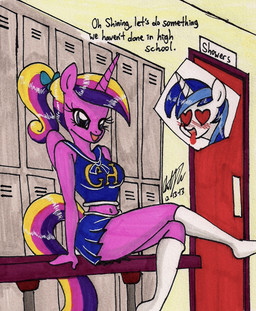 anthro anthrofied bench blue_hair blush bottomwear cheerleader clothing dialogue door duo female footwear hair heart_eyes heart_symbol horn legwear locker locker_room male miniskirt multicolored_hair on_bench ponytail purple_eyes sitting skirt socks solo_focus text tongue tongue_out newyorkx3 friendship_is_magic hasbro my_little_pony mythology princess_cadance_(mlp) shining_armor_(mlp) equid equine mammal mythological_creature mythological_equine unicorn 2013 english_text full-length_portrait hi_res portrait