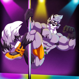 abs anthro armpit_hair between_legs biceps black_armpit_hair body_hair bulge clothed clothing dancing erection erection_under_clothing flexing footwear hair looking_at_viewer male money muscular muscular_anthro muscular_male nipples pecs pole pole_between_legs pole_dancing shoes solo spotlight tattoo tenting thong underwear intimatewolf brandon_(rxccoon) mammal procyonid raccoon 1:1 2021 absurd_res hi_res
