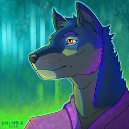 blue_body blue_fur cheek_tuft clothed clothing facial_tuft fur grey_body grey_fur male multicolored_body multicolored_fur orange_eyes pattern_background simple_background tuft hallamo-h canid canine canis mammal wolf 1:1 digital_drawing_(artwork) digital_media_(artwork) hi_res portrait