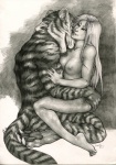 anthro anthro_penetrating anthro_penetrating_human biped breasts claws duo female female_on_anthro female_on_top female_penetrated hair happy happy_sex human_on_anthro human_penetrated interspecies kneeling light_body light_skin long_hair male male/female male_on_bottom male_on_human male_penetrating male_penetrating_female muscular nipples on_bottom on_top paws penetration sex smile tail harag ezzleo kathleen russ felid human mammal pantherine tiger 2011 greyscale hi_res monochrome