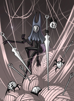 2_horns 4_arms 4_fingers 6_eyes 6_limbs ambiguous_gender anthro arthropod_abdomen biped black_arms black_body black_eyes black_legs eyes_closed feral fingers group holding_melee_weapon holding_object holding_weapon hood horn mask melee_weapon multi_arm multi_eye multi_limb sitting thread weapon eidel-elias-weise hollow_knight team_cherry herrah_(hollow_knight) arachnid arthropod weaver_(hollow_knight) 2019 absurd_res hi_res