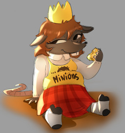 anthro black_eyes black_nose brown_hair buckteeth cheese clothing crown dairy_products eyeliner female food footwear fur grey_body grey_fur hair headgear makeup rat_tail sitting sitting_on_ground smile socks solo tail teeth text text_on_clothing mamasoyanini cuka_(olozva) mammal murid murine rat rodent colored