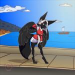 anthro beach big_breasts breasts clothed clothing female heterochromia looking_at_viewer seaside solo wide_hips wings berriesandcoffee kasey_anderson aardwolf hybrid hyena mammal 1:1 hi_res