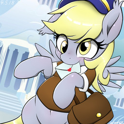 bag blonde_hair blush bottomless building clothed clothing cloud derp_eyes envelope eyelashes feathered_wings feathers female feral floppy_ears grey_body grey_feathers hair hat headgear headwear heart_symbol hooves mailbag mouth_hold navel outside shirt sky smile solo topwear uniform wings yellow_eyes yorozpony friendship_is_magic hasbro my_little_pony mythology derpy_hooves_(mlp) equid equine mammal mythological_creature mythological_equine pegasus 1:1 2018 hi_res portrait