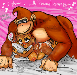 ambiguous_penetration anthro bed blush bodily_fluids breasts brown_body brown_fur cum dialogue duo female fur furniture genital_fluids male male/female moan necktie nipples penetration penis_to_butt pillow sweat hoka bloons_tower_defense donkey_kong_(series) ninja_kiwi nintendo donkey_kong_(character) ape gorilla haplorhine mammal monkey primate crossover hi_res