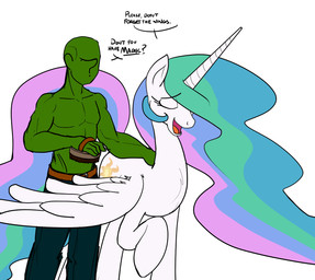 abs brush clothing cutie_mark dialogue duo eyes_closed feathered_wings feathers female feral hair horn male multicolored_hair simple_background standing text white_background wings reiduran friendship_is_magic hasbro my_little_pony mythology anon princess_celestia_(mlp) equid equine human mammal mythological_creature mythological_equine winged_unicorn 2013 english_text hi_res
