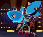 angry anthro city duo fight gesture hand_gesture light machine male middle_finger on_model sky thigh_gap thin_calves thin_legs thin_thighs blue_archer_(artist) netflix sega sonic_prime sonic_the_hedgehog_(series) chaos_sonic metal_sonic robot hi_res lighting