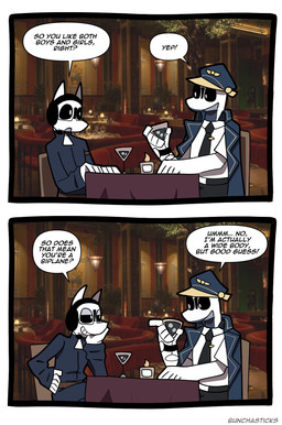 aircraft anthro beverage black_sclera clothing coat_cape dialogue duo electronics eyewear fuel glasses hat headgear headphones headset headwear humor jumpsuit machine male peaked_cap pilot_hat pilot_uniform pun restaurant text vehicle white_body bunchasticks eli_the_plane_(bunchasticks) roger_(bunchasticks) aeromorph living_aircraft living_machine living_vehicle comic english_text hi_res trans_(lore) trans_man_(lore)