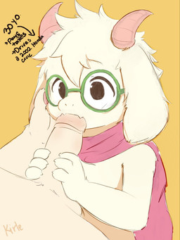 anthro anthro_penetrated black_eyes claws clothed clothing duo eyewear fellatio femboy finger_claws fingers fur genitals glans glasses horn humanoid_genitalia humanoid_penis male male/male male_penetrating oral penetration penile penis penis_in_mouth pink_scarf round_glasses scarf sex stated_adult stated_age wearing_glasses white_body white_fur young kirlecore deltarune undertale_(series) ralsei bovid caprine goat mammal 2025 3:4 hi_res adult_(lore)