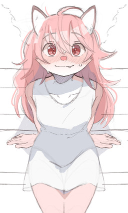 5_fingers adolescent ahoge anthro blush blush_lines bodily_fluids breasts closed_smile clothed clothed_anthro clothed_female clothing collarbone cute_fangs dress eyebrow_through_hair eyebrows fangs female female_anthro fingers front_view fur hair hair_between_eyes humanoid_hands kemono legs_together long_hair looking_at_viewer mouth_closed outside pink_body pink_fur pink_hair pink_nose red_eyes simple_background sitting smile smiling_at_viewer snaggle_tooth solo sweat teeth topwear translucent translucent_hair white_background white_clothing white_dress white_inner_ear young young_anthro young_female zlixon fur_(theterm) canid canine fox mammal 2024 3:5 absurd_res digital_media_(artwork) hi_res portrait three-quarter_portrait