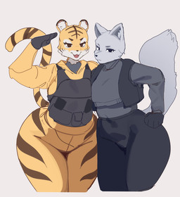 anthro clothed clothed_anthro clothed_female clothing duo eyelashes fangs female female_anthro fur gesture grey_body grey_ears grey_fur grey_tail hand_on_hip huge_hips huge_thighs markings multicolored_body multicolored_fur narrowed_eyes open_mouth open_smile salute simple_background smile striped_markings striped_tail stripes tail tail_markings teeth thick_thighs topwear vest wide_hips yellow_body yellow_fur gyrbdark canid canine felid mammal pantherine 2025 absurd_res digital_drawing_(artwork) digital_media_(artwork) hi_res