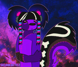 abstract_background ambiguous_gender anthro black_body black_fur blue_eyes bone_markings claws coontail_hair countershading eyebrows fur gradient_hair hair heart_(marking) heterochromia markings noise_filter paws pink_eyes purple_body purple_fur solo sparklefur spiral spiral_eyes striped_markings stripes uncomfortable skunkbitez vengeance_(skunkbitez) hybrid mammal mephitid skunk undead zombie 2026 half-length_portrait halftone hi_res portrait watermark