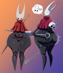 2_horns ambiguous_gender big_butt biped black_body black_eyes bottomless butt cellulite cloak clothed clothing duo empty_eyes female front_view holding_melee_weapon holding_object holding_weapon horn huge_butt melee_weapon nail_(weapon) question_mark rear_view red_clothing sitting skimpy standing weapon weapon_on_back swagmanguypal hollow_knight_(franchise) team_cherry hornet_(hollow_knight) the_knight_(hollow_knight) arachnid arthropod humanoid spider vessel_(species) 2025 absurd_res hi_res signature half_sister_(lore) sibling_(lore) sister_(lore)