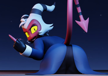 2_horns big_butt black_clothing black_eyes black_horn blue_clothing bottomwear butt clothed clothing fingerless_gloves formal_wear freckles gesture gloves hair hand_gesture handwear horn looking_at_viewer looking_back looking_back_at_viewer male male_humanoid middle_finger open_mouth presenting presenting_hindquarters raised_tail rear_view red_body red_skin sharp_teeth simple_background solo spade_tail stripes tail teeth topwear white_hair white_horn yellow_eyes yellow_sclera brinsar hellaverse helluva_boss moxxie_(helluva_boss) demon demon_humanoid humanoid imp 3d_(artwork) digital_media_(artwork) hi_res