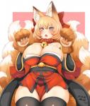 9_tails accessory arm_tuft asian_clothing bell bell_collar big_breasts blonde_hair blush bow_(feature) bow_accessory bow_ribbon breasts centered_hair_bow claws cleavage clothed clothing collar cosplay crossover_cosplay dipstick_ears dipstick_tail ear_markings east_asian_clothing female fluffy fluffy_tail fully_clothed hair hair_accessory hair_bow hair_ribbon inner_ear_fluff japanese_clothing kimono legwear light_body light_skin looking_at_viewer markings multi_tail multicolored_ears multicolored_tail open_mouth pawpads ribbons solo standing tail tail_markings thick_thighs thigh_highs tongue tuft wrist_tuft yellow_eyes wildcatf14 fate_(series) touhou type-moon berserker_tamamo_cat caster_tamamo-no-mae ran_yakumo animal_humanoid canid canid_humanoid canine canine_humanoid fox_humanoid humanoid mammal mammal_humanoid crossover