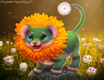 ambiguous_gender beady_eyes black_eyes blue_eyes brown_eyes dandelion fangs feral flower fur grass green_body green_fur group humor mane open_mouth outside pawpads plant pun rock smile teeth text visual_pun whiskers white_body white_fur piper_thibodeau dandelion_(iguanamouth) dandelion_creature elemental_creature felid flora_fauna lion mammal pantherine 2021 digital_media_(artwork) digital_painting_(artwork) painting_(artwork)