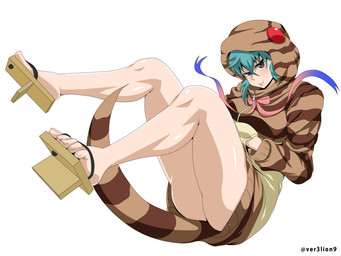 3_eyes asian_clothing bent_legs black_shoelace blue_hair breasts brown_eyes butt clothed clothing east_asian_clothing exposed_leg eyebrows feet female footwear geta hair hands_in_both_pockets hands_in_hoodie hoodie japanese_clothing legs_up living_tail looking_at_viewer markings mouth_closed multi_eye multicolored_hoodie multicolored_ribbon nails no_underwear pantsless pattern_clothing pattern_hoodie pattern_topwear pink_bow pockets red_eyes simple_background solo striped_clothing striped_hoodie striped_markings striped_tail striped_topwear stripes tail tail_markings tan_clothing tan_hoodie tan_topwear text thick_tail toenails toes topwear unusual_anatomy unusual_clothing unusual_tail white_background ver3lion9 asian_mythology east_asian_mythology japanese_mythology kemono_friends mythology tsuchinoko_(kemono_friends) animal_humanoid cryptid humanoid mythological_creature mythological_scalie reptile reptile_humanoid scalie scalie_humanoid snake snake_humanoid tsuchinoko yokai 2017 4:3 digital_drawing_(artwork) digital_media_(artwork) english_text japanese_description shaded signature translated_description