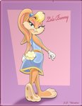 anthro barefoot blonde_hair blue_eyes clothing cotton_tail dress feet female hair hi_res jcthornton lagomorph leporid lola_bunny looking_at_viewer looking_back looney_tunes mammal rabbit simple_background solo warner_brothers